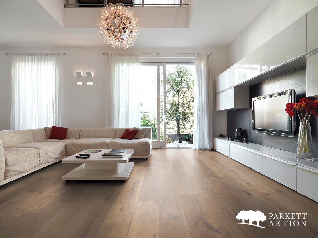 Breitdiele Eiche Country geräuchert handgehobelt mit Klick System und 3D Ästen weiss geölt