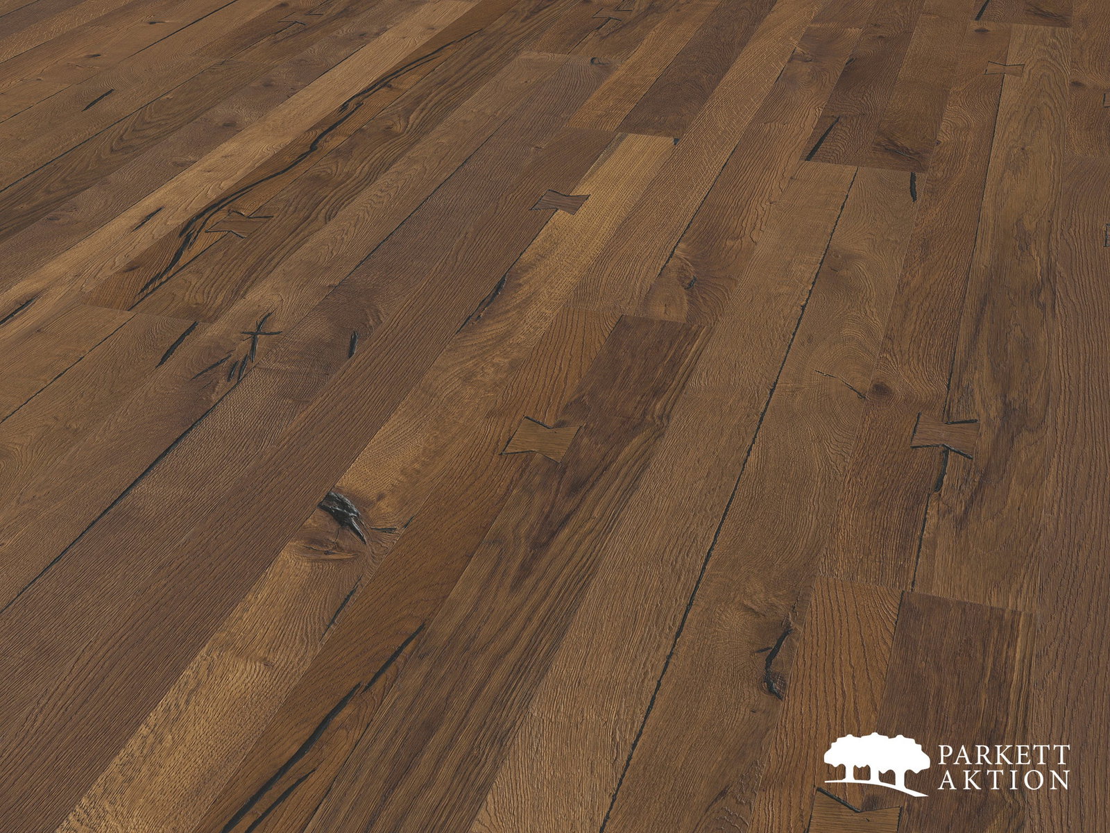 Altholzparkett Eiche lehmbraun geräuchert geölt mit Schwalbenschwanzdübel